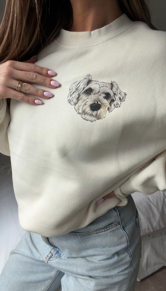 Person wearing a beige sweatshirt with a dog illustration on a neutral background